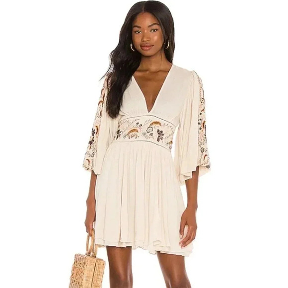 NWT Free People Moroccan Gemstone Embroidered Mini Dress in Tea Combo Cream XS - Picture 1 of 17